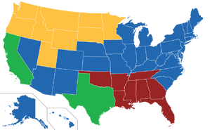 Map depicting the division of the United States in the movie Loyalist states Western Forces Florida Alliance New People's Army