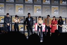 From left: Feige, Johansson, Harbour, Pugh, Fagbenle, Shortland, and Weisz at the 2019 
