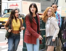 The main cast (L–R),  as ,  as ,  as , and  as , in costume during filming in New York