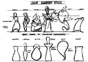 A style guide, depicting above the characters, and below the geometrical shapes they follow. Notes on design, such as "High hip" for Jasmine and "Broad shoulders" for Jafar are scattered through the page