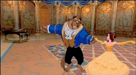 A frame from the "Beauty and the Beast" ballroom dance sequence. The background was animated using  which, when the traditionally animated characters are composited against it using Pixar's  system, gives the illusion of a  film camera.