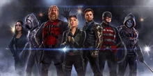 Concept art released at the  in September 2022 featuring the main cast in costume: (L to R) Julia Louis-Dreyfus as Valentina Allegra de Fontaine, Hannah John-Kamen as Ghost, David Harbour as Red Guardian, Florence Pugh as Yelena Belova, Sebastian Stan as Bucky Barnes, Wyatt Russell as U.S