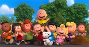 The main Peanuts characters as seen in the closing shot of the film (which later turns into a comic strip frame as Schulz signs his signature on the bottom) (L to R): Franklin, Marcie, Peppermint Patty, Linus, Charlie Brown, Snoopy, Lucy, Woodstock, Sally, Schroeder, and Pig-Pen.