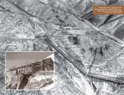 Historical photo of the Funchilin Pass, with a close-up of the blown bridge
