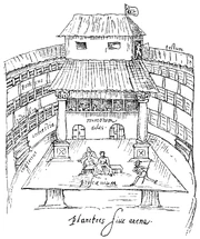 A 1596 sketch of a performance in progress on the  of , a typical  open-roof playhouse