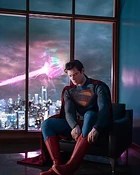 Promotional on-set image of David Corenswet in costume as Superman