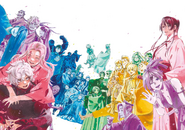 The whole cast of Jigokuraku on the cover of the final chapter.