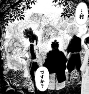 Gabimaru, Sagiri, Yuzuriha and Senta discovering a ruined village.
