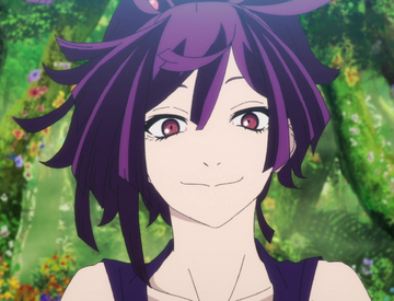 purple hair, smiling, looking at viewer, Hell's Paradise: Jigokuraku,  Yuzuriha of Keishu, nature, trees, flowers, anime, Anime screenshot, anime  girls