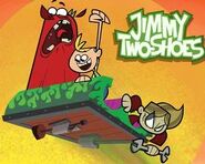 A frightened Beezy riding with Jimmy and Heloise in a promotional poster.