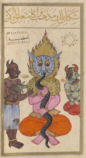 The talisman of King Mudhib as depicted in the Kitab al-Bulhan (كتاب البلهان) by Abd al-Hasan al-Isfahani. He is represented as an infernal spirit devourer of snakes, flanked by two acolytes. Painted in light blue, his head is topped rounded with long ears, and flaming eyes. His head is surrounded by a halo of golden fire, his upper torso flames above his pink body and he is shown wearing large orange pants. On each side of the image there are two talismans, one is shown as a six-pointed star-shaped talisman which represents the seal of Solomon, and another shown as rectangular, both of which are used to invoke him.