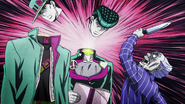 Yoshihiro decapitates Jotaro and Josuke's images within the photo.