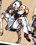 Josuke carrying Holy Joestar-Kira unconscious