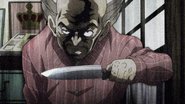 Brandishing a kitchen knife to kill Josuke and Jotaro.