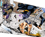 Man in the Mirror grabs "Abbacchio"'s right hand...