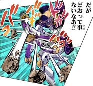 MITM rock deflecting.png (394 KB) Man in the Mirror deflecting the rocks from Purple Haze attacking the wall outside the mirror world