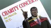 A white flyer with red and yellow lettering, reading, "Charity Concert, for peace, N.Y." A picture of Jojo's Bizzare Adventure Character Smokey Brown is featured, now grown up
