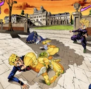 Koichi ajudando Giorno durante a luta contra Black Sabbath