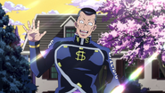 Happily greeting Josuke on his way to school.