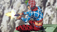 Mista's own bullet is sent through his abdomen by Sale