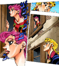 Giorno watches Trish from downstairs