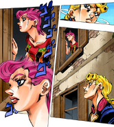 Trish looking out of window in a hidden house; Giorno watches her at the same time