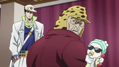 Joseph holding Shizuka with Jotaro in the back.