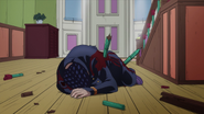 Josuke wounded badly by debris from the explosion.