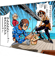 Fugo watches Mista and Narancia torture Zucchero