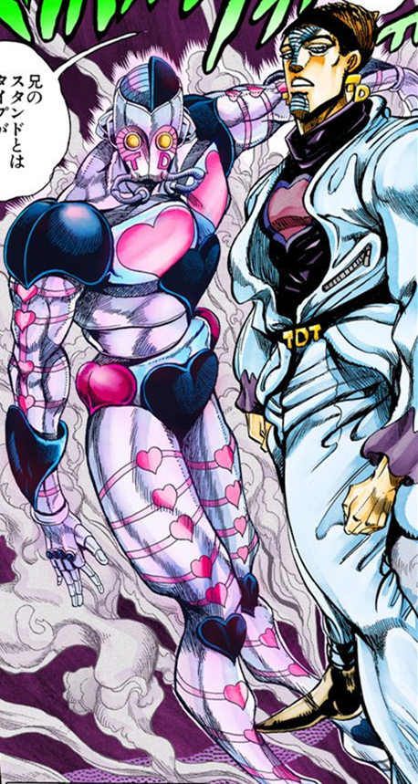 Comic-book style depiction of a jojo stand with white armor and golden  crescents