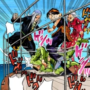 Abacchio, Fugo e Narancia chutam o corpo do Mario