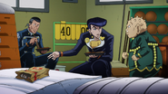 Okuyasu and Josuke being accused by Shigechi of stealing his sandwich.