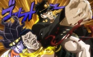 Jotaro punching Rubber Soul while Star Platinum holds him.