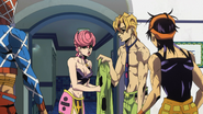 Trish using Fugo's shirt as a handkerchief to dry her hands