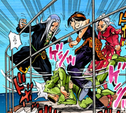 Zucchero's headless body helplessly kicked by Abbacchio, Narancia, and Fugo