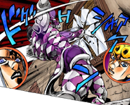 Giorno and Abbacchio sees Purple Haze smashing a mirror