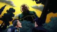 Shigechi's initial appearance, looming menacingly over Josuke and Okuyasu.