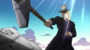 Speedwagon using his hammer to destroy the Stone Mask