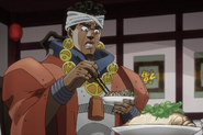 Avdol, reluctantly trying foreign food