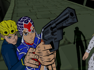 Giorno steadying Mista's hand to shoot