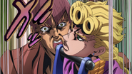 Luca yells at Giorno, using his shovel to threaten Giorno