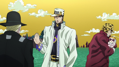 Joseph with Shizuka, Jotaro, and a Speedwagon Foundation member while looking for clues about Kira.