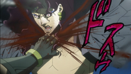 As Kars flies away, Joseph's severed arm flies into his neck.