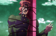 Kakyoin fixed to a pole because of Death Thirteen's control on the world of dreams