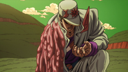 Jotaro's arm melting from the effects of Ratt's flesh-melting barbs.