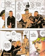 Chatting with Okuyasu, Koichi, and Josuke (this is a jab at fans who think Araki resembles the Mona LisaW, as Rohan is Araki's self-insert)