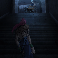 Polnareff noticing Diavolo at the bottom of the Stairs