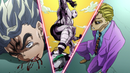 Koichi is pinned down by Killer Queen's surprising strength.