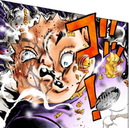 Shigechi's face partially exploding from Killer Queen's bomb.