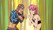 Trish and Mista laughing after teasing each other regarding the soul switching done by Chariot Requiem earlier and their experiences about it